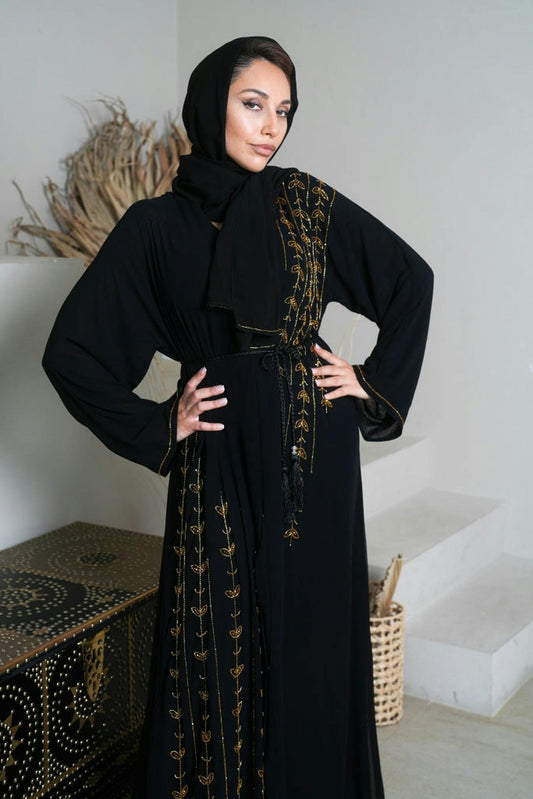 Black Abaya with Golden Striped